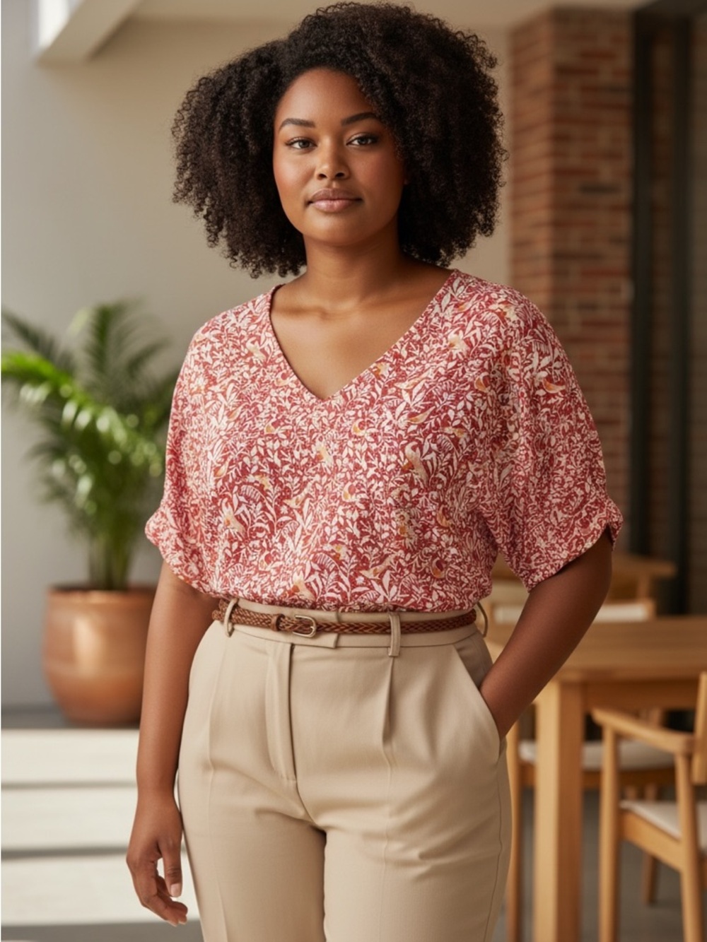 LOFT V-Neck Floral Print Blouse in Pink and Cream